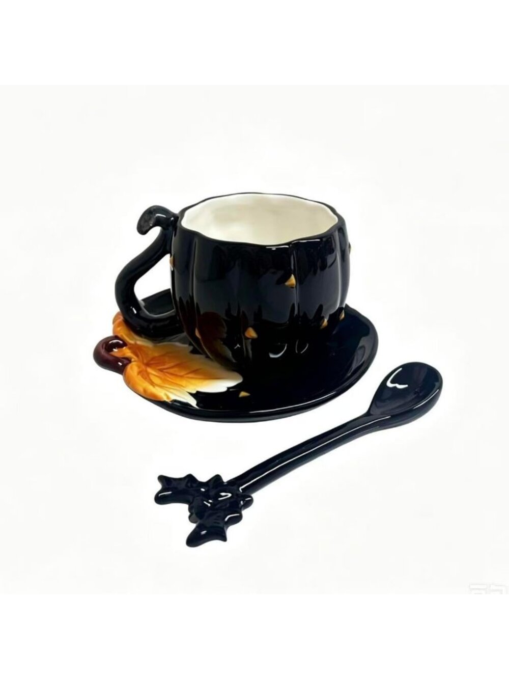 Hand-Painted 3D Pumpkin & Black Cat Ceramic Tea Cup & Saucer Set, Halloween